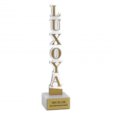 Premium acrylic column with metal-look inscription, marble base (max. size 7.1x37 cm)