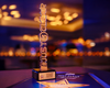 Premium acrylic column with metal-look inscription, marble base (max. size 7.1x37 cm)